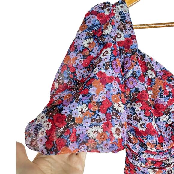 ZARA Mini Dress Size S Coquette Floral Ruched Puffed Sleeves Twee Sweet - Picture 4 of 8